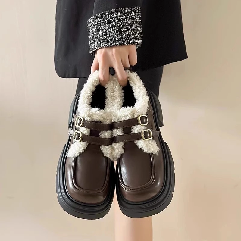 A06【新疆包邮菠萝】加绒小皮鞋女新款秋冬厚底英伦风玛丽珍乐福鞋