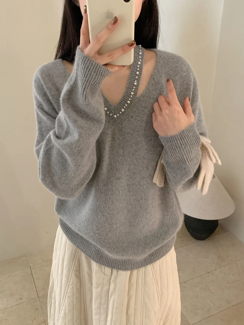 【素简.960110】秋冬新款重工挂脖V领红人上新绵羊毛混纺针织衫