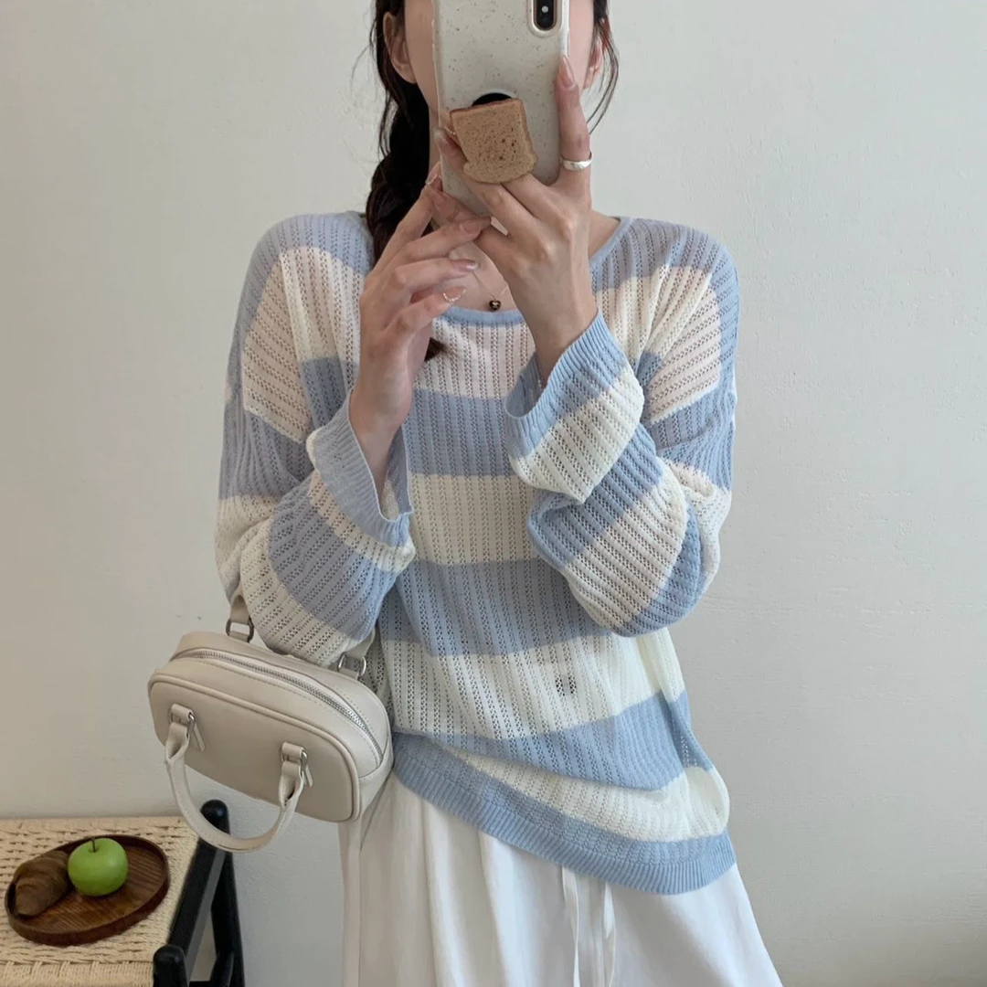 【素简.920108】夏季新款时尚天丝亚麻薄款撞色夹条防晒百搭针织衫