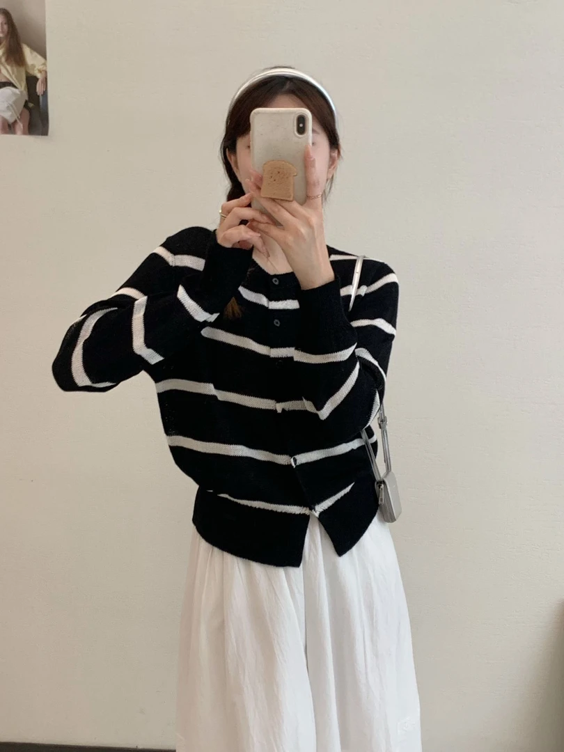 【素简.930101】春夏新款轻薄条纹时尚开衫宽松慵懒风和纸纱针织衫