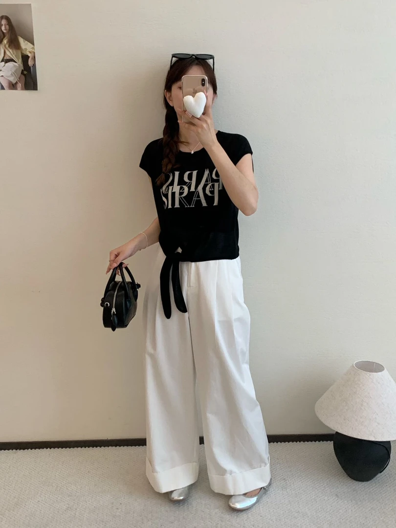 【素简.650120】夏季新款天丝字母下摆系带子休闲百搭针织衫