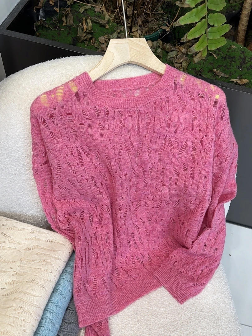 【素简.650189】秋冬新款圆领100绵羊毛镂空纯色羊毛衫