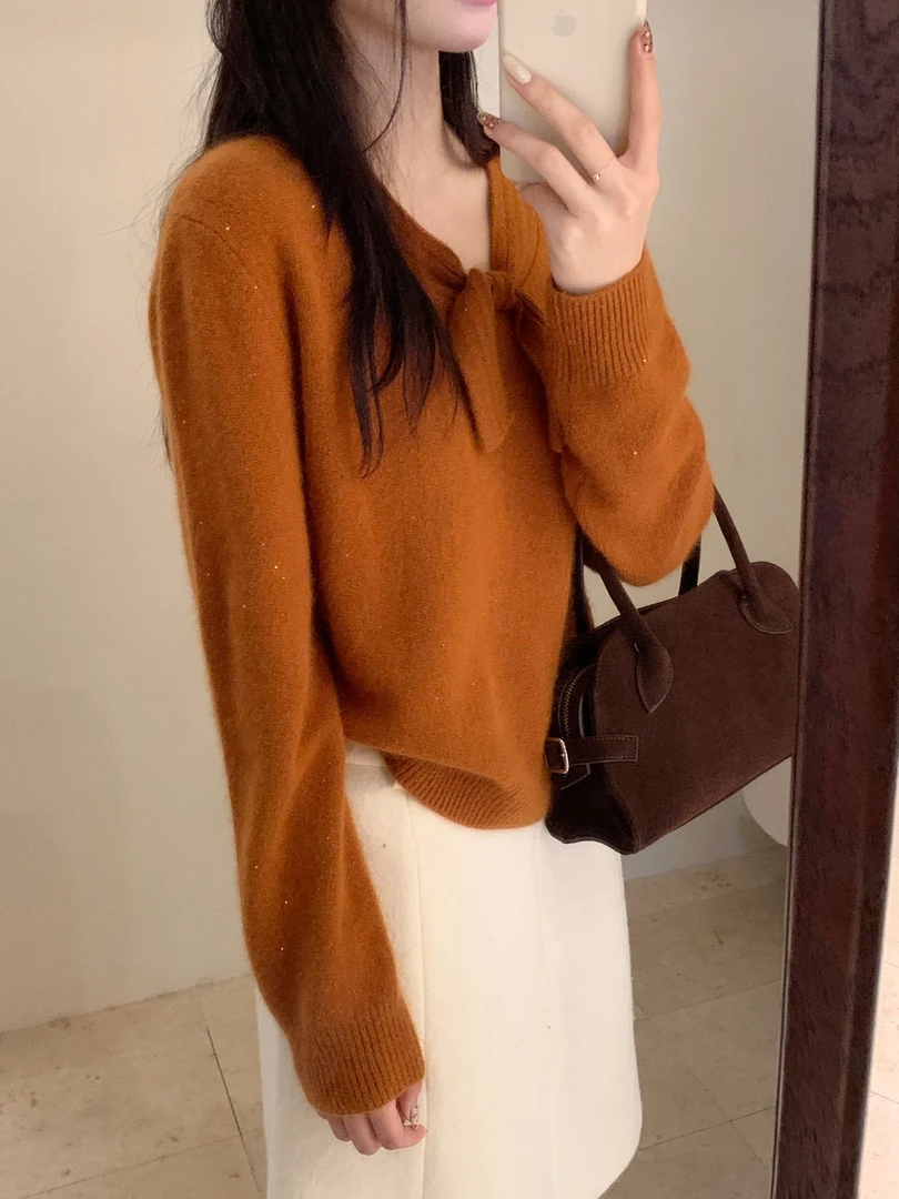 【素简.820100】秋冬新款蝴蝶结领口设计绵羊毛混纺针织衫