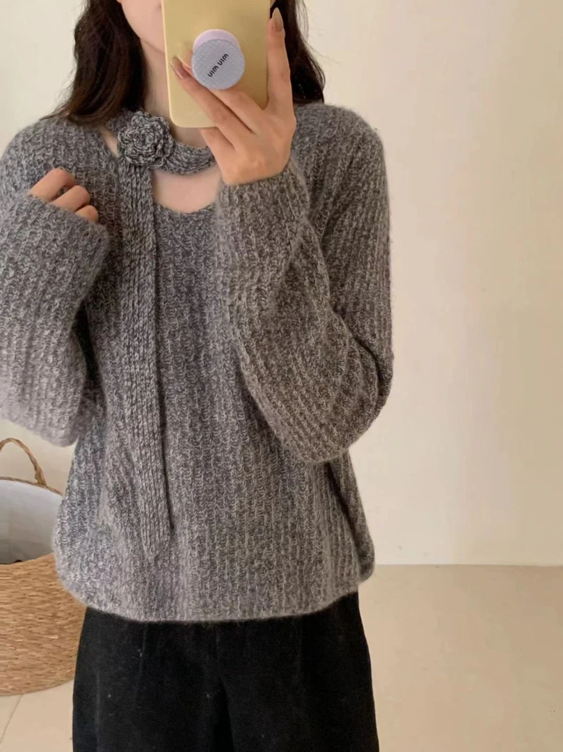 【素简.950160】秋冬新款优雅的鸡心带子设计红人上新针织衫