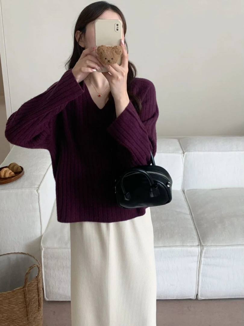 【素简.800192】秋冬新款90绵羊毛坑条鸡心显瘦宝藏上新毛衣