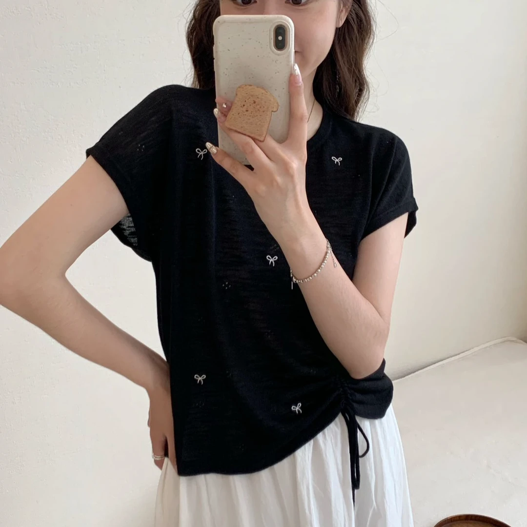 【素简.630181】夏季新款竹节麻绣蝴蝶结抽绳显瘦凉感针织衫