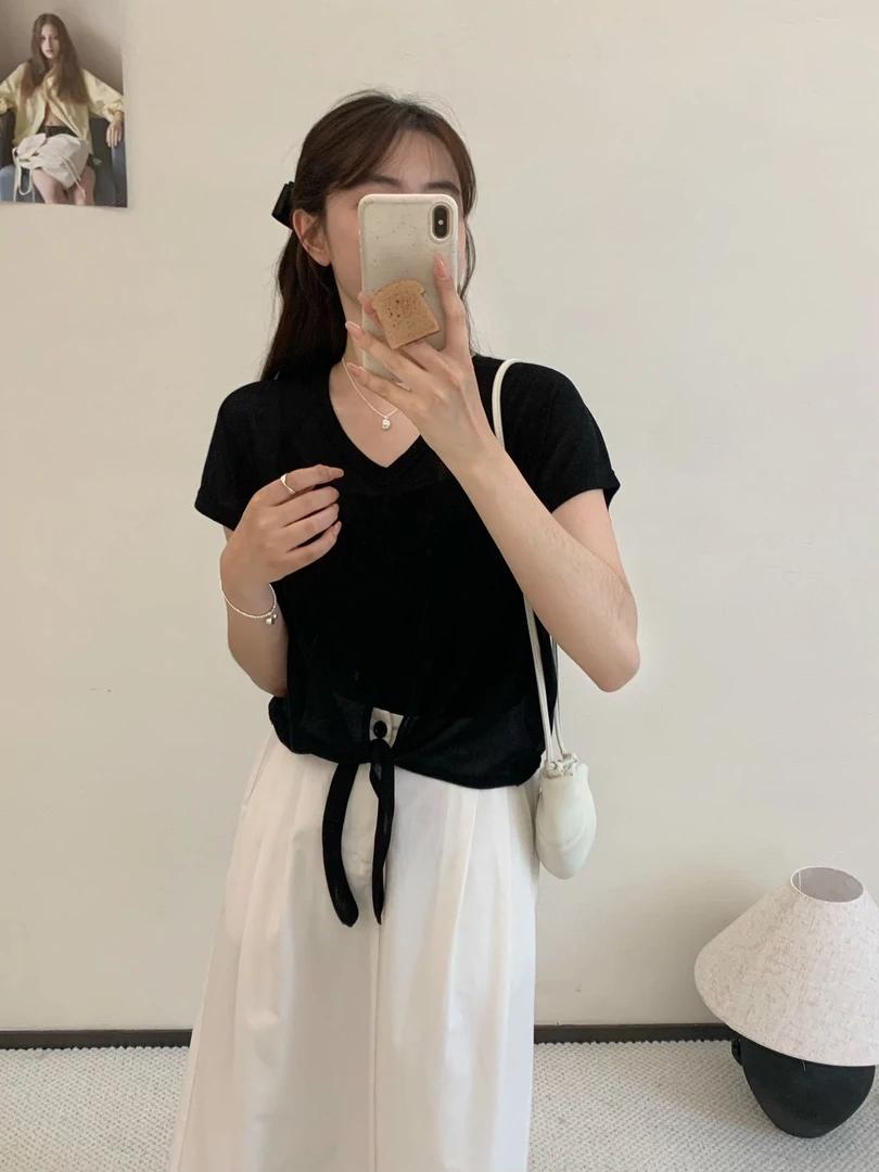 【素简.800135】夏季新款天丝鸡心下摆系带子针织衫