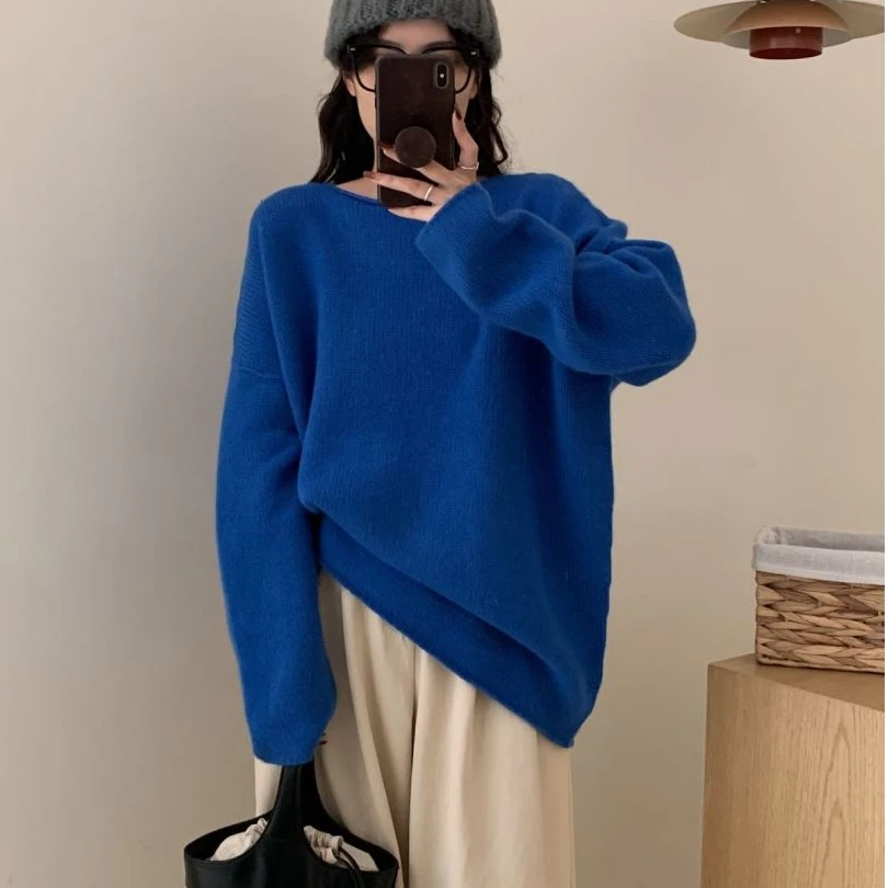【素简.900168】100绵羊毛长袖韩版慵懒风纯色圆领羊毛衫