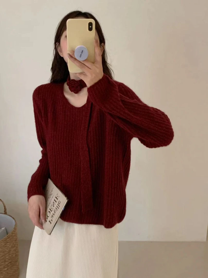 【素简.950160】秋冬新款优雅的鸡心带子设计红人上新针织衫