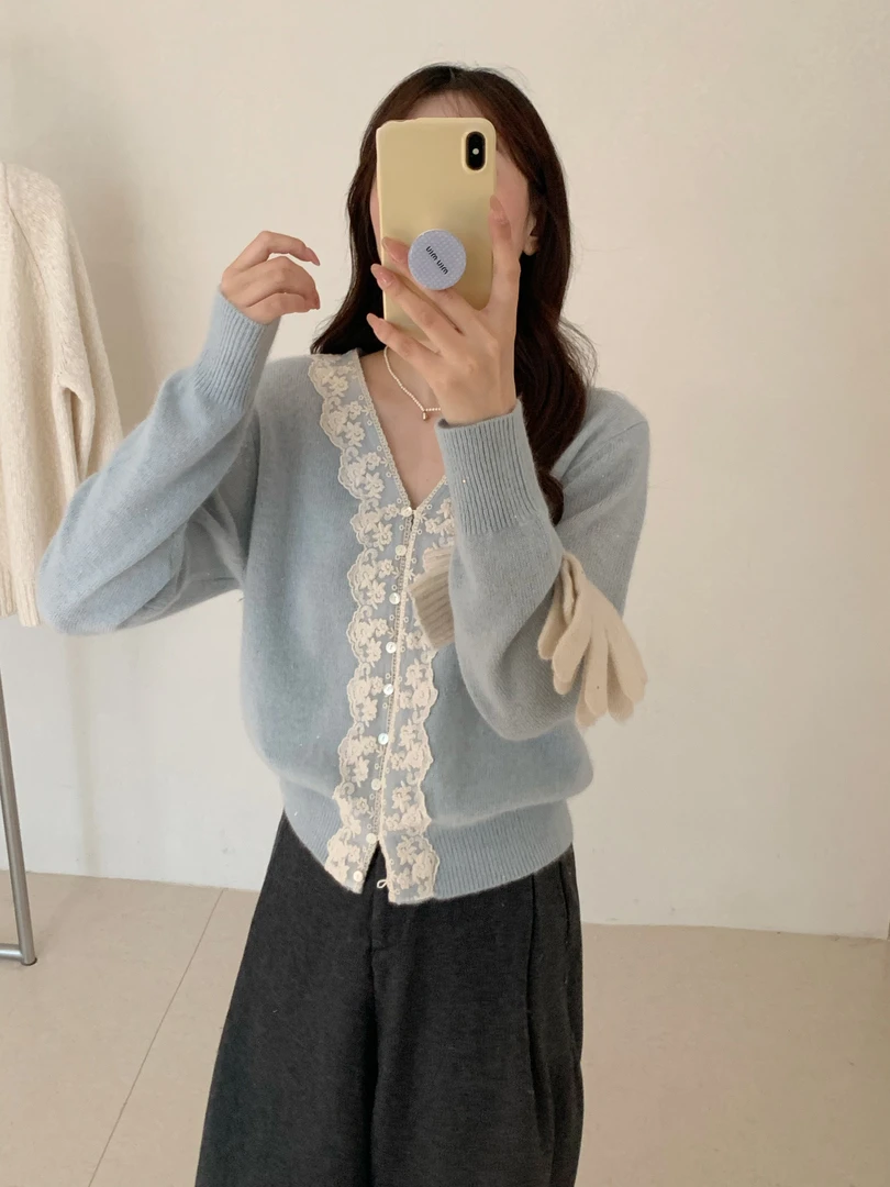 【素简.670106】秋冬新款绵羊毛混纺蕾丝花边红人上新针织衫