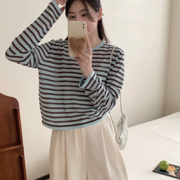 【素简.910153】夏季新款清凉透气细条纹蝴蝶结防晒针织衫