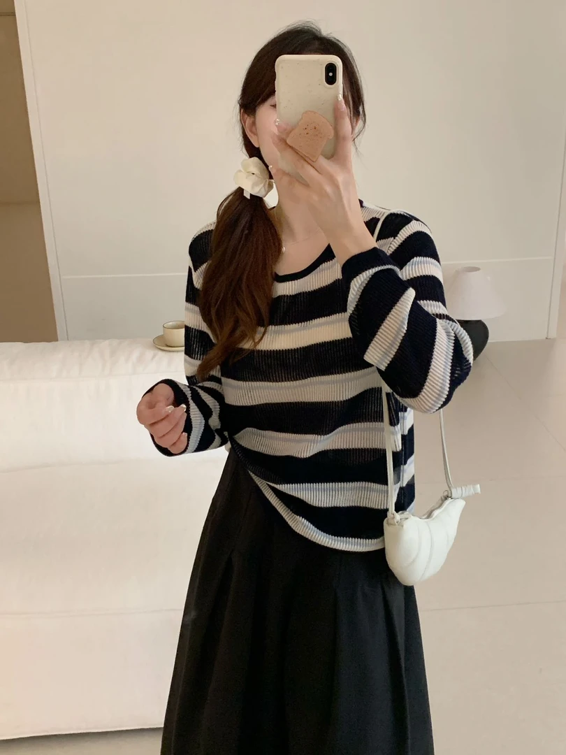 【素简.650138】30羊毛混纺显瘦百搭长袖条纹羊毛衫（3.7福利）