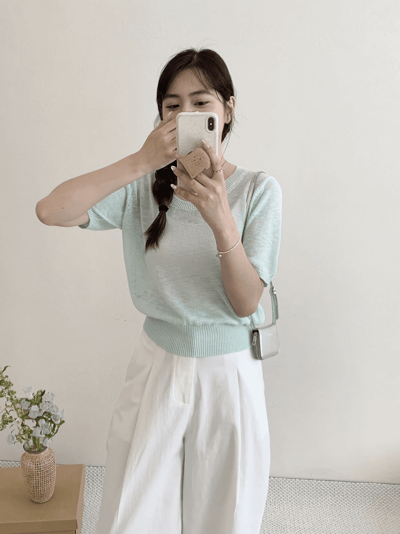 【素简.920118】夏季新款竹节麻净版圆领清凉针织衫