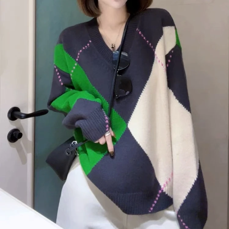 【素简.880180】100绵羊毛宽松撞色菱格V领韩版时尚百搭毛衣