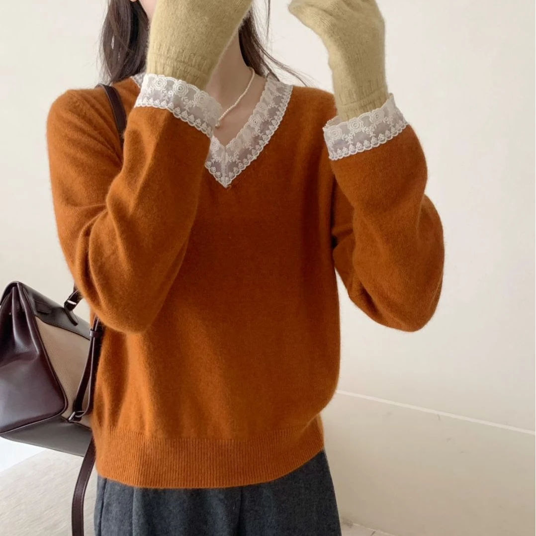 【素简.810183】秋冬新款百搭感藏羊绒鸡心花边显瘦针织衫