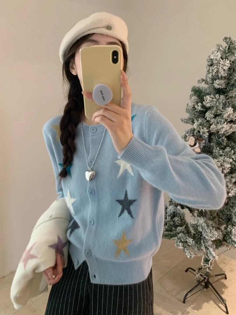 【素简.670120】秋冬新款五角星开衫红人上新绵羊毛混纺针织衫