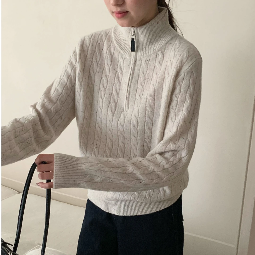 【素简.890110】秋冬季100绵羊毛麻花拉链立领羊毛衫