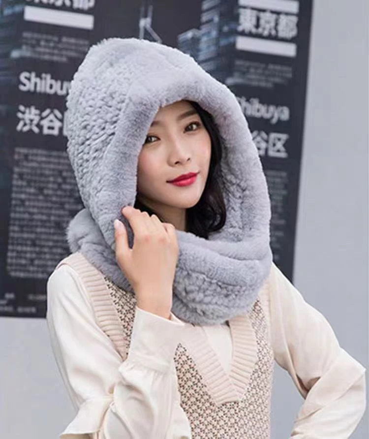 【獭兔毛围巾帽】皮草双面手工围巾帽子一体加厚冬季连帽风雪围巾帽