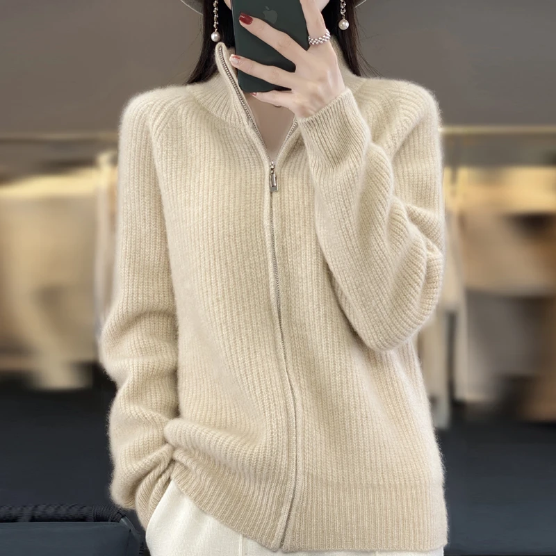 【莉娅*开衫】100%羊毛立领开衫女士加厚宽松外套显瘦上衣24秋冬款