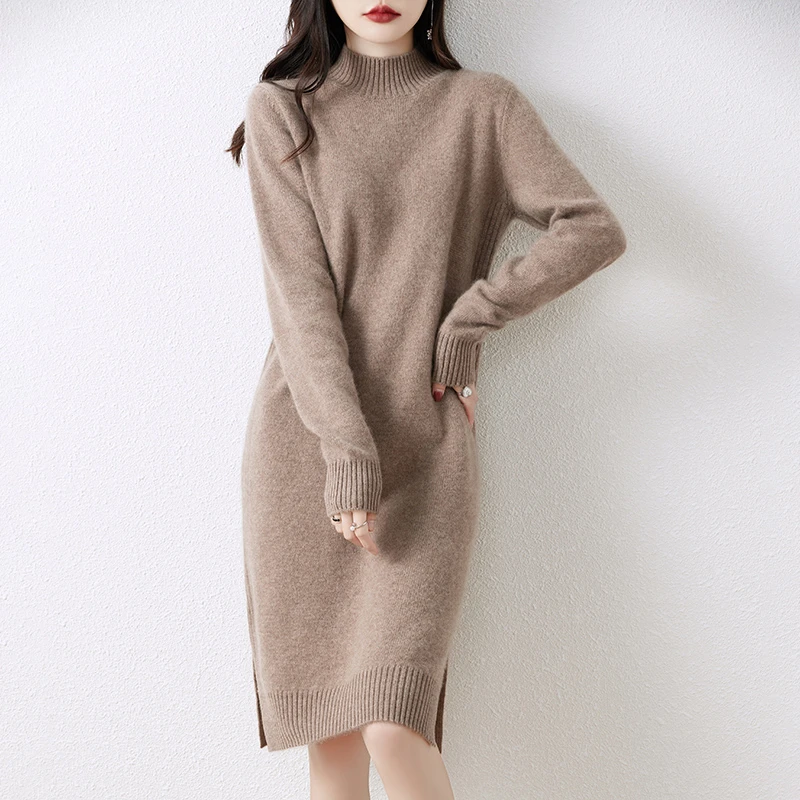 秋冬新款100%羊毛中长款连衣裙女加厚半高领宽松保暖打底毛衣裙