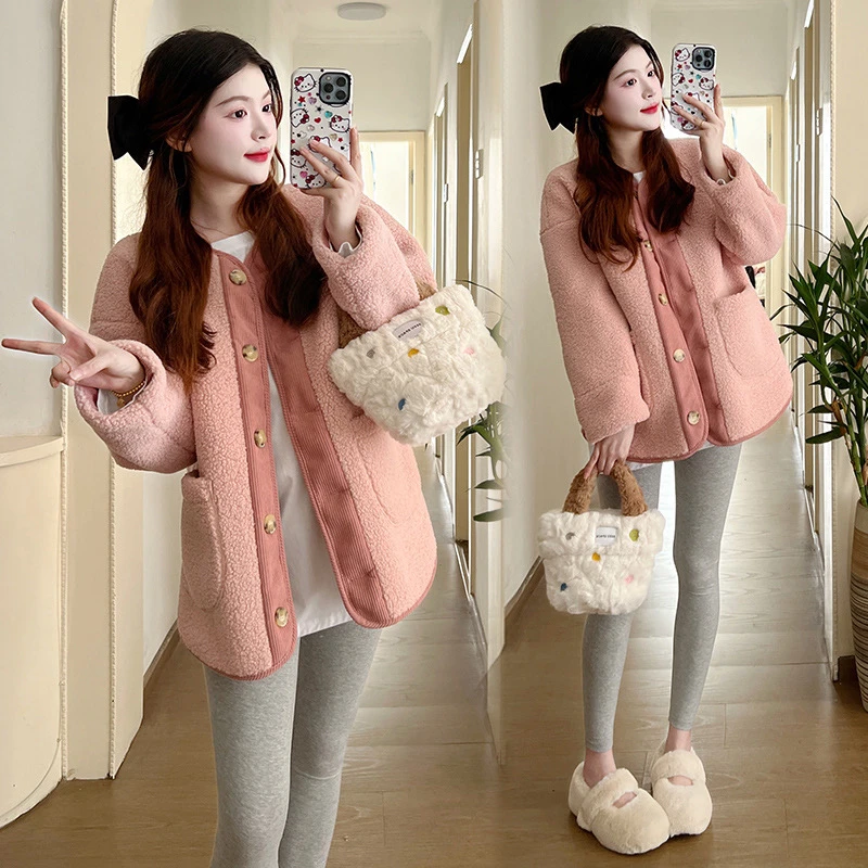 孕妇装洋气加厚摇粒绒单排扣毛针织衫冬季短款时尚宽松