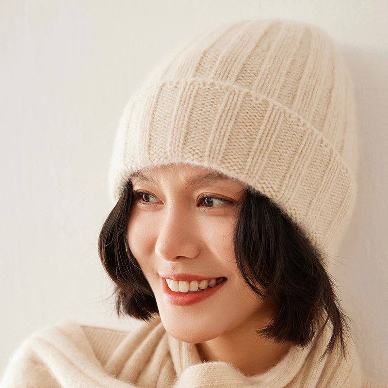 加厚秋冬100%纯山羊绒男女翻边堆堆帽子针织套头帽羊毛大头围冷帽