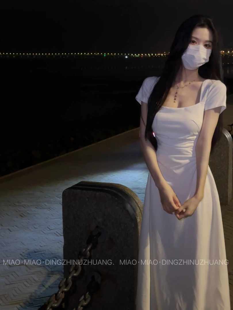 清仓 新款短袖方领法式收腰小众领证长裙子  1864