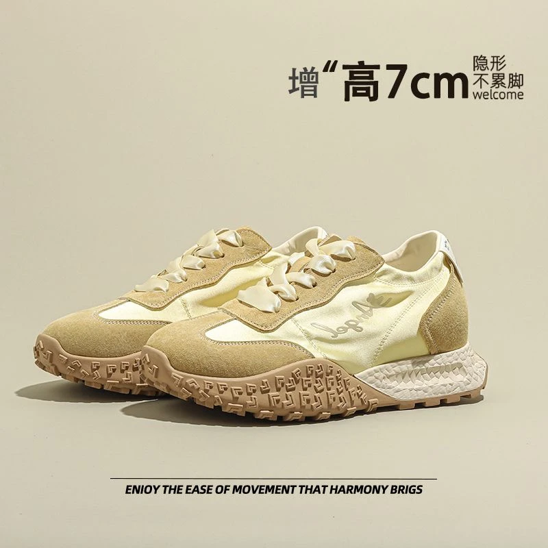 透气松糕底运动酷奇阿甘鞋女2024秋季爆款厚底内增高缎面德训鞋