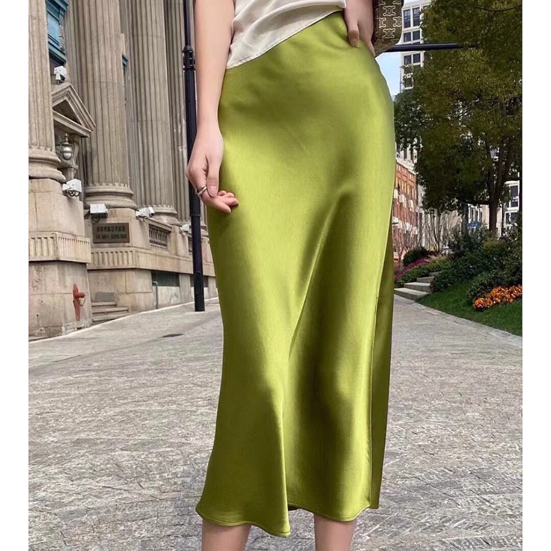 45度斜裁醋酸缎面高腰显瘦气质显瘦女士半身裙22025