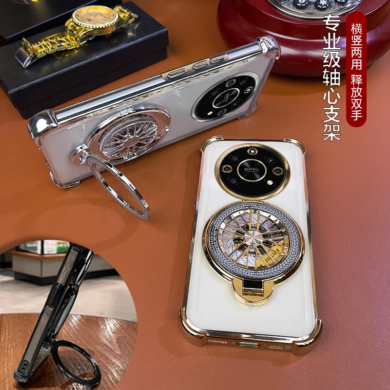 适用【荣耀X40】四角防摔电镀创意解压旋转陀螺支架手机壳