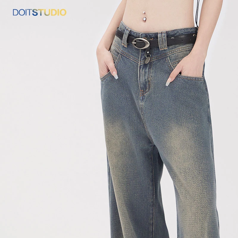 2025早春美式高腰直筒星空纹阔腿软牛仔裤高小个子百搭显瘦拖地裤