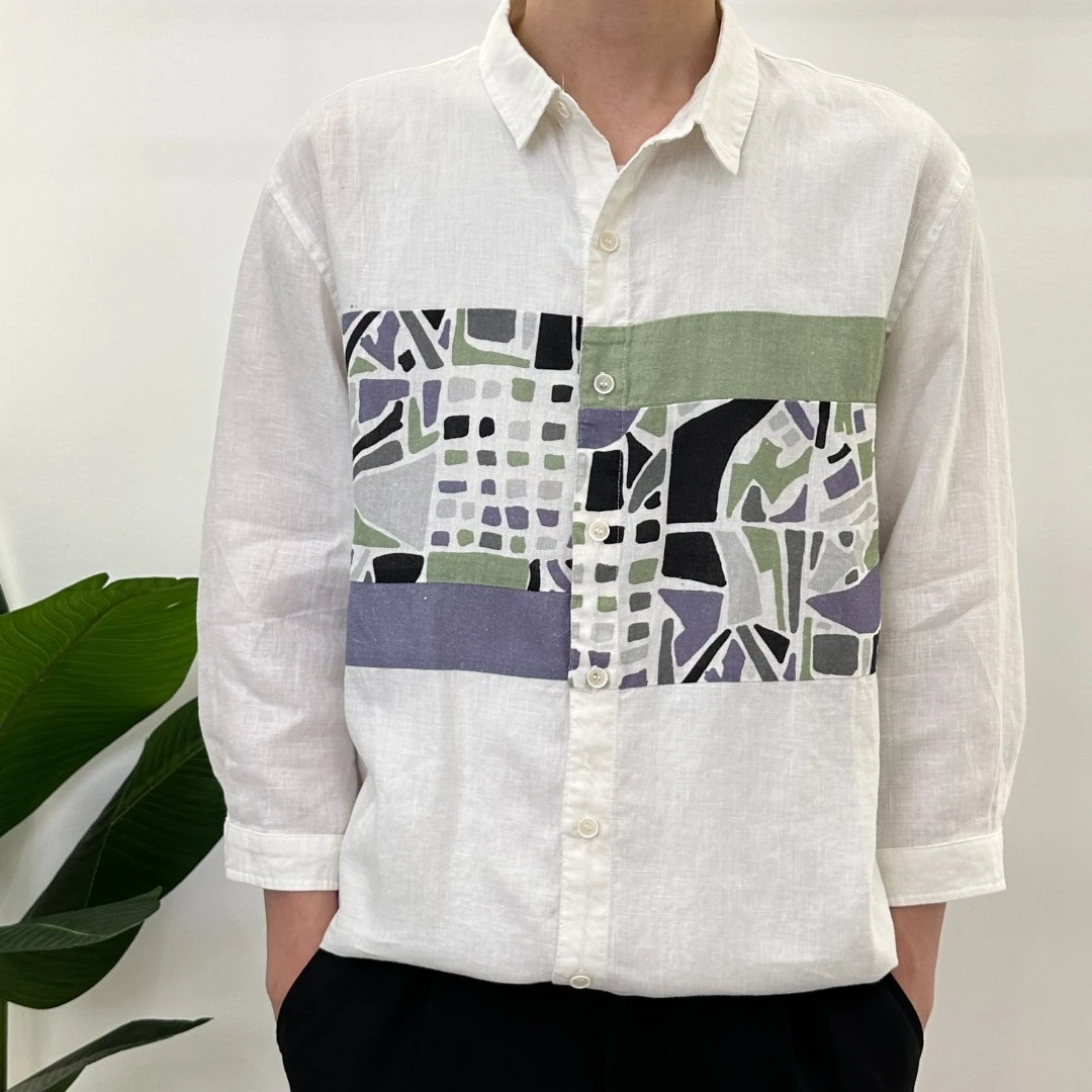 250夏季休闲百搭简约印花时尚宽松撞色衬衫