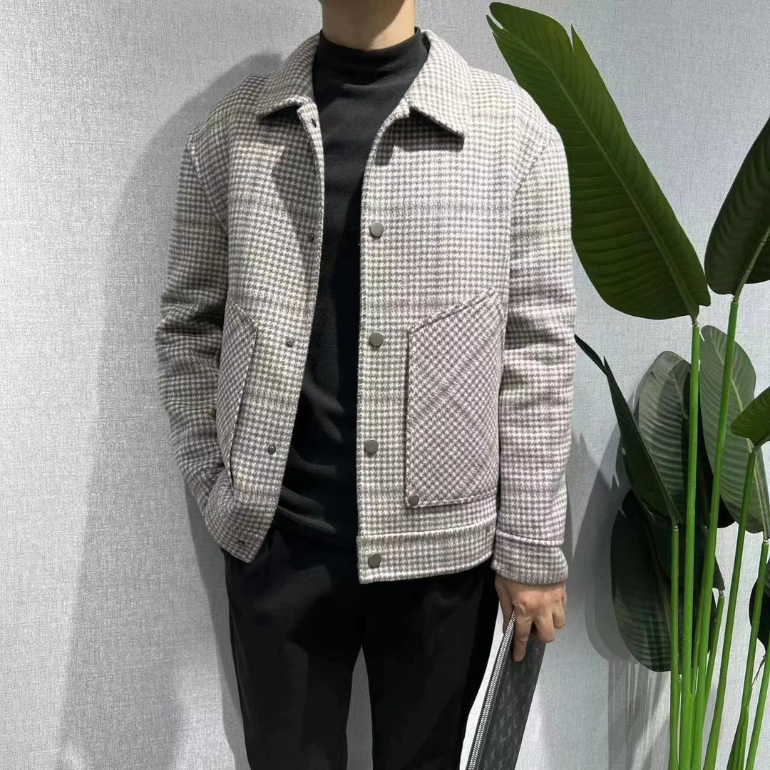 烁高2403男士短款双面毛呢格子千鸟格时尚休闲秋冬百搭潮流韩版