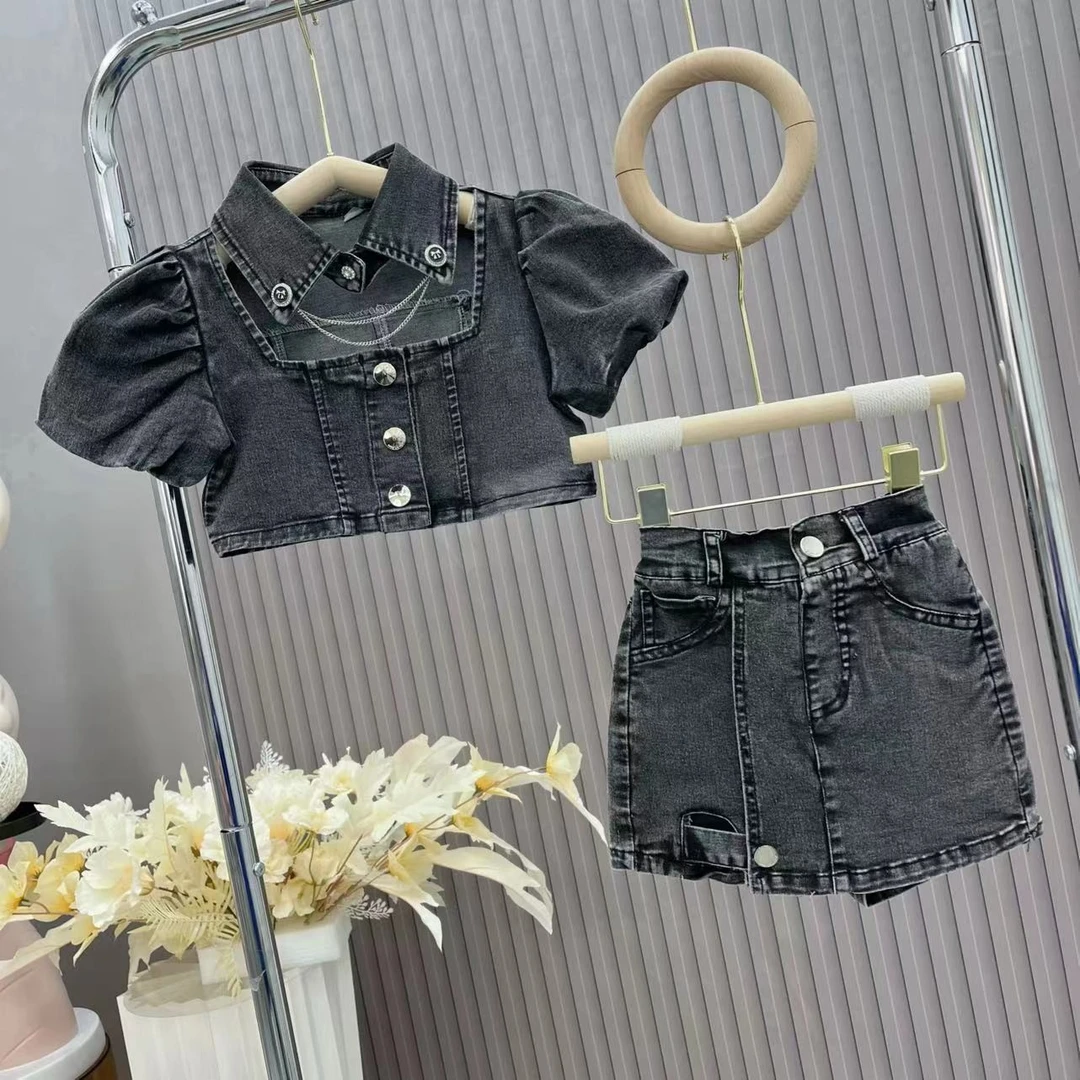 女童套装2024夏装新款方领镂空链条泡泡袖短款牛仔衬衫时尚韩版