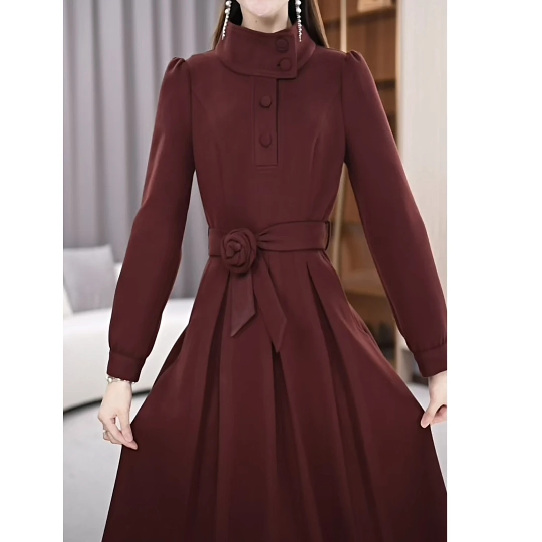 【连衣裙】立领气质收腰显瘦系带纯色连衣裙M-4XL