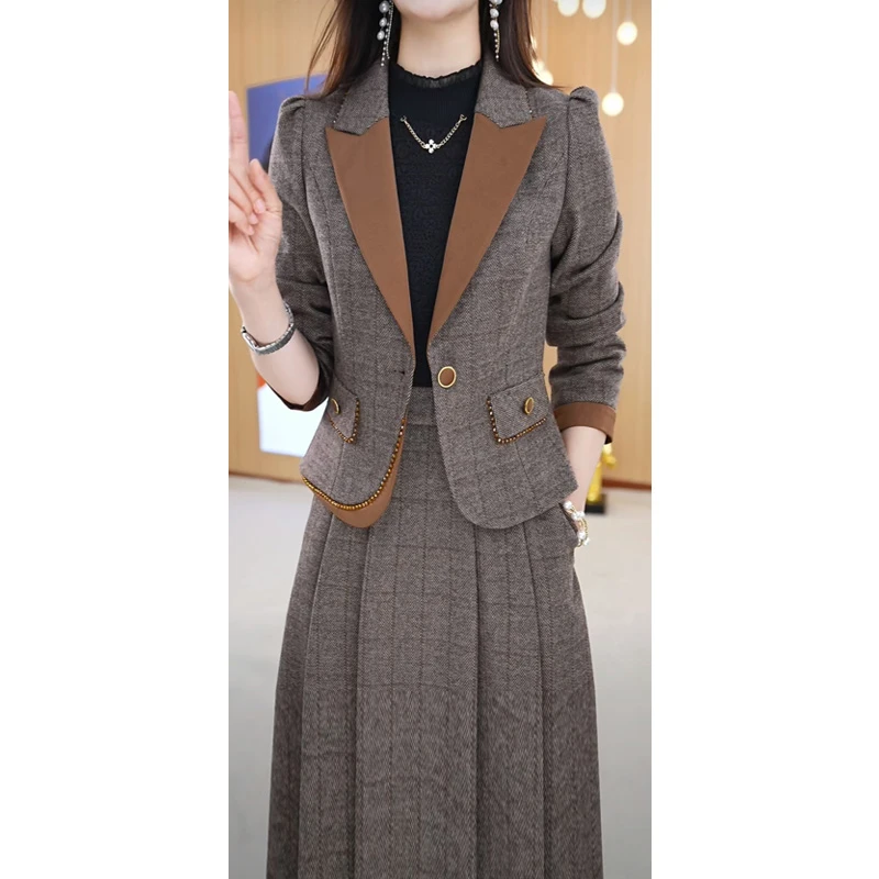 【两件套】25年早春西装领气质收腰中长款格纹通勤时尚连衣裙M-4XL