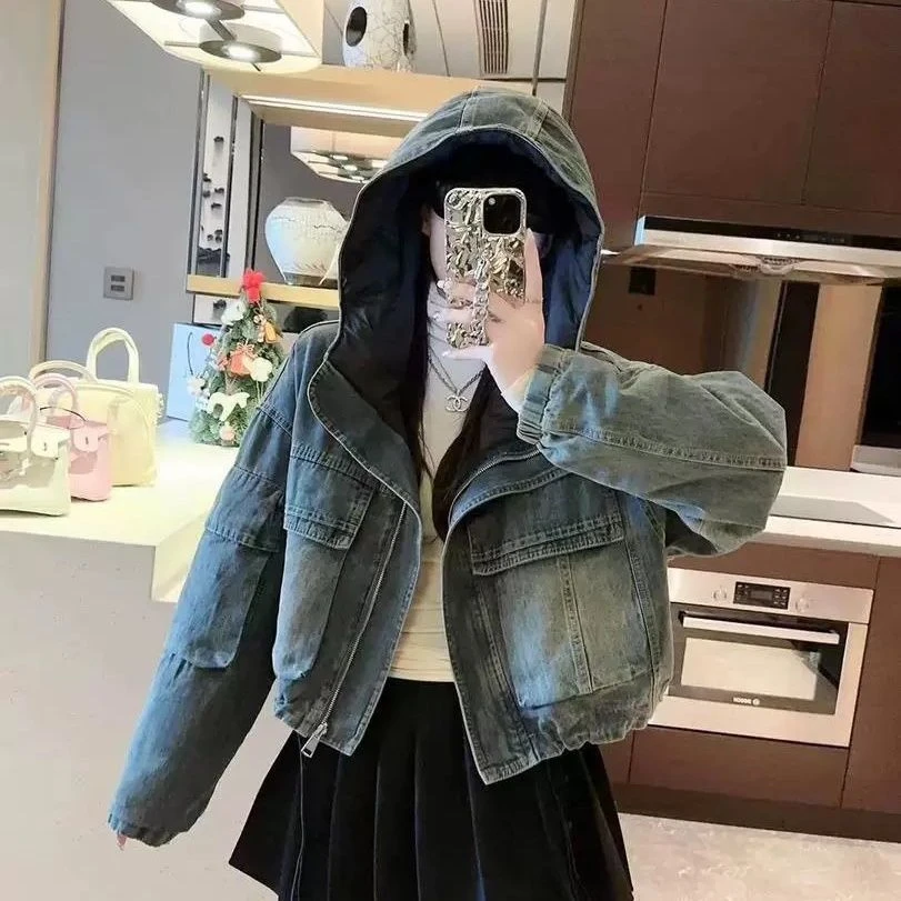 轻薄加绒加厚牛仔外套女短款两面穿上衣夹克秋冬新款派克服