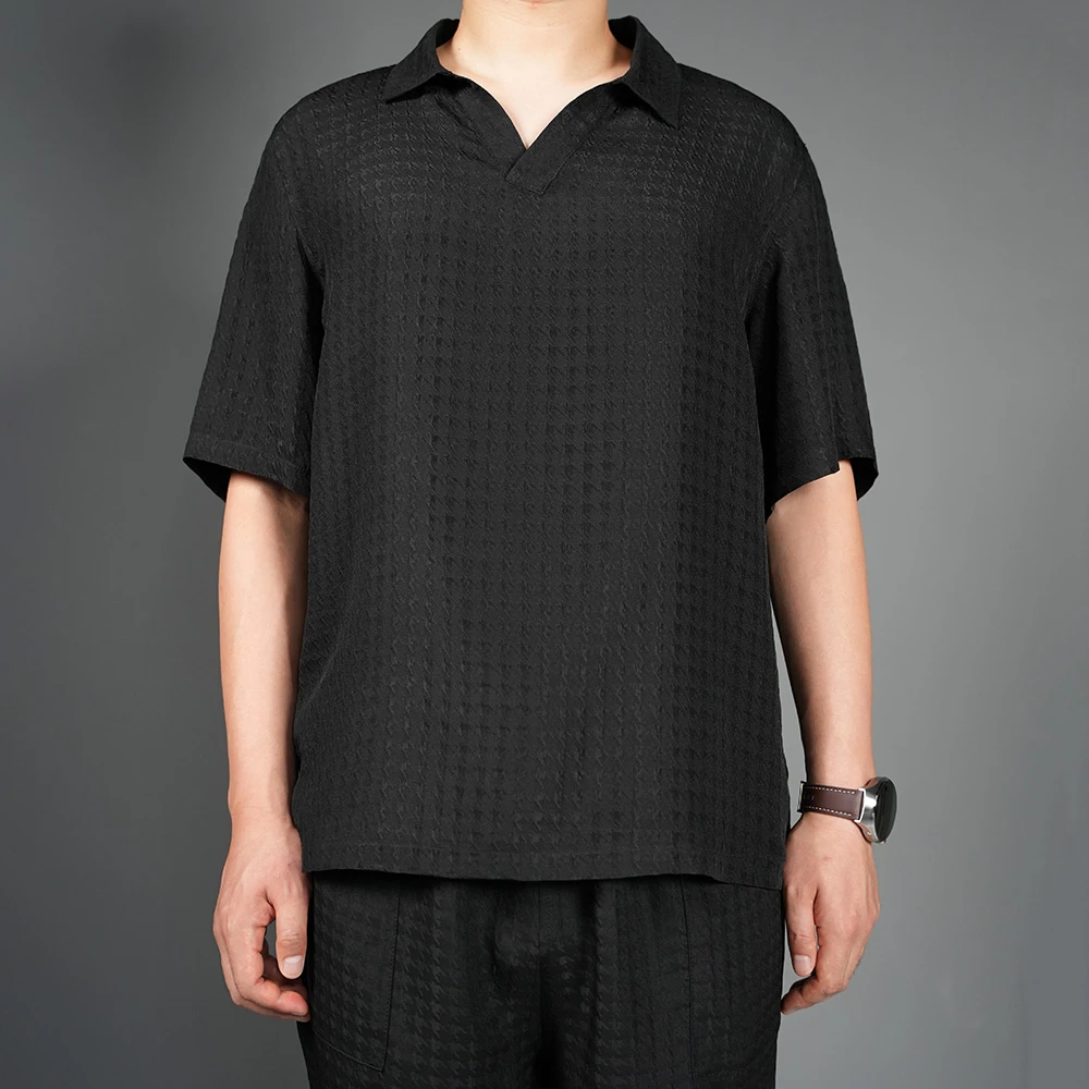 A-212上衣-新款100%桑蚕丝黑色男装真丝时尚宽松中国风