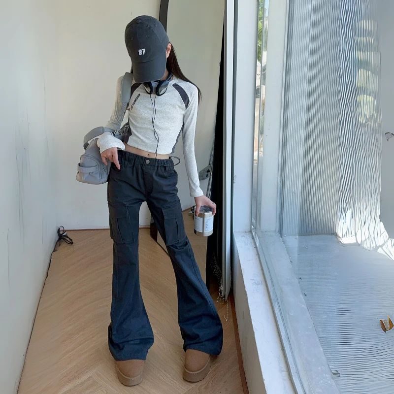 【你白弟Maila】女童夏天潮款工装裤马蹄裤套装春秋新款喇叭裤酷