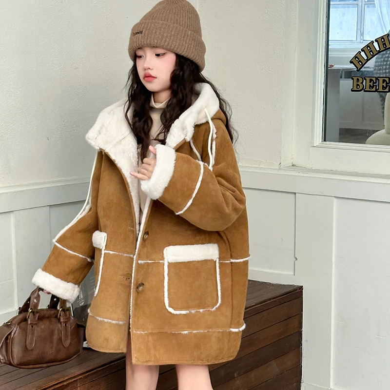 【你白弟Maila】女童冬季韩版加绒大衣新款皮毛一体毛呢大衣外套