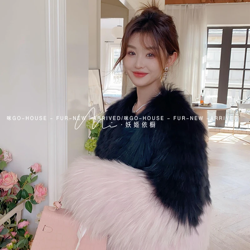 【妖姬衣橱】双拼色调貉子毛车条名媛风外套