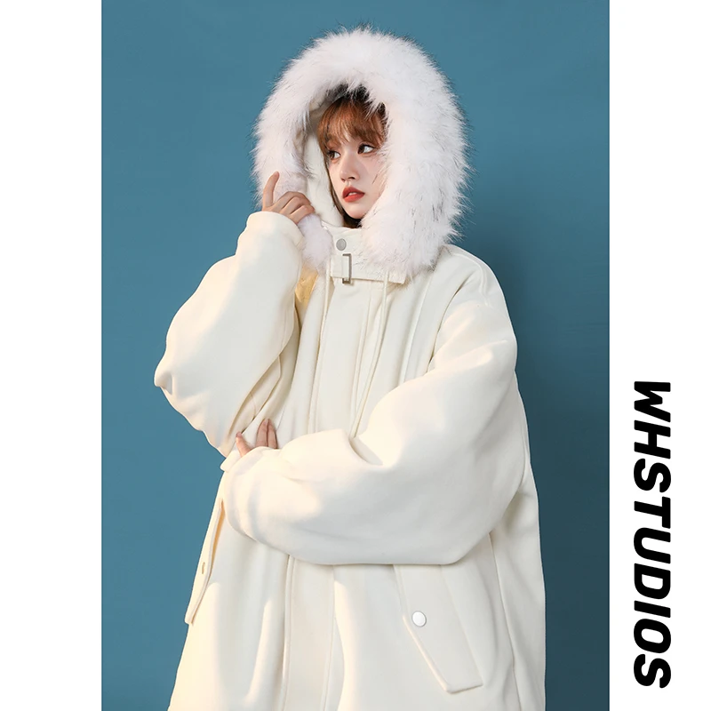 小个子中长款百搭情侣款潮牌大毛领棉衣冬季连帽外套宽松休闲加厚