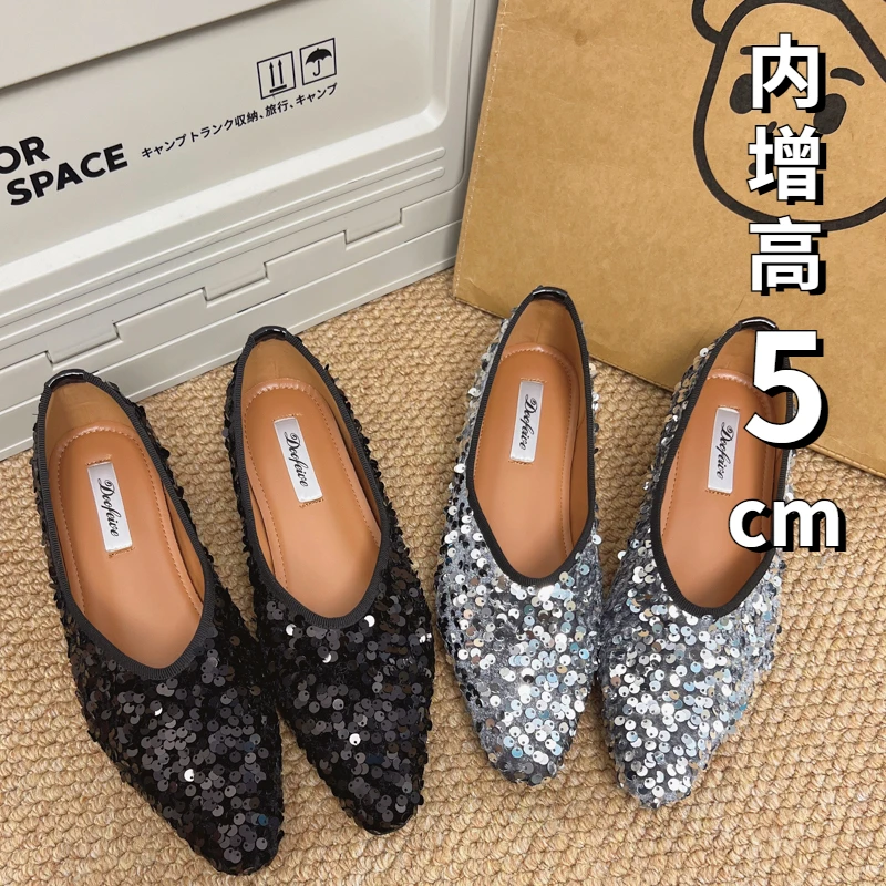 方头内增高单鞋女2024新款韩版V口银色亮片通勤优雅平底奶奶鞋女