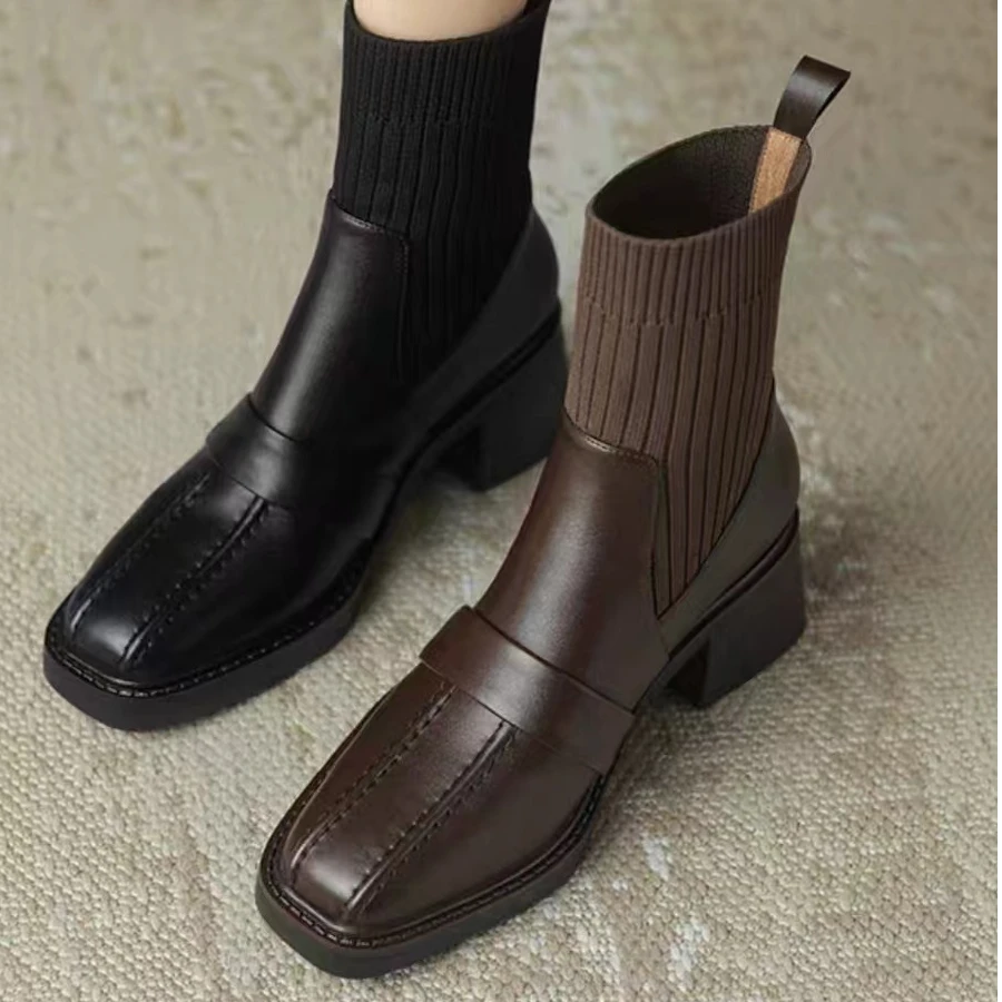气质女士必选复古法式秋冬季针织筒粗跟短靴女真皮瘦瘦靴弹力袜靴