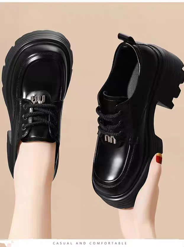 2025早春爆款时尚粗跟乐福鞋百搭厚底漆面真皮女鞋