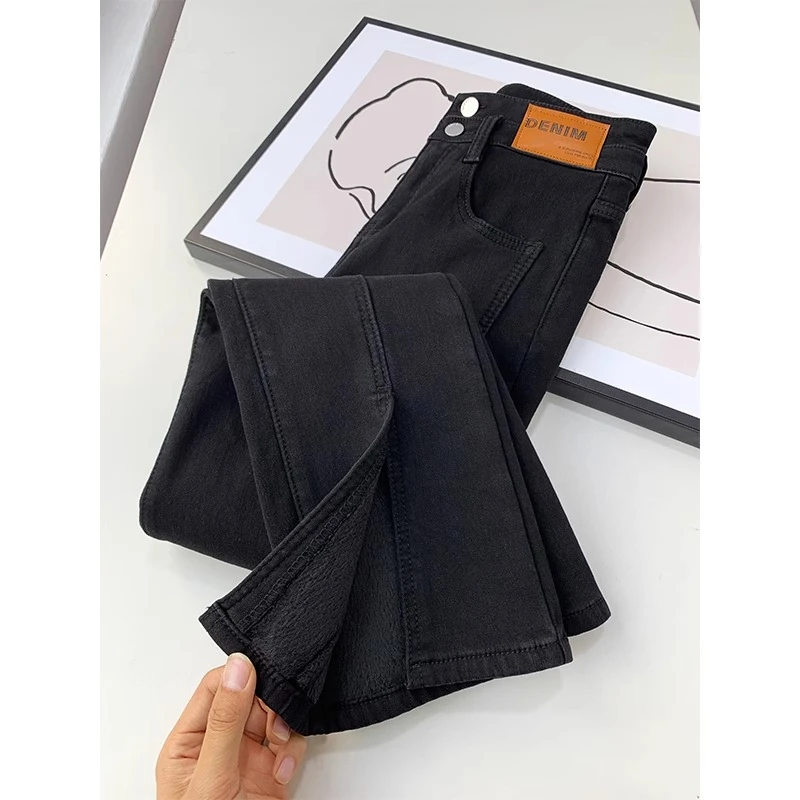 黑色开叉显高微喇叭牛仔裤女春秋季爆款高腰显瘦直筒小个子马蹄裤