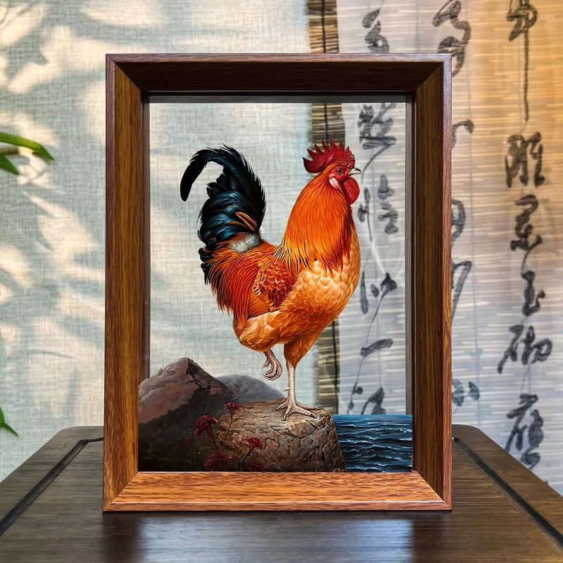 大红公鸡摆件新中式装饰画送礼送朋友客厅玄关家居店铺装饰挂画