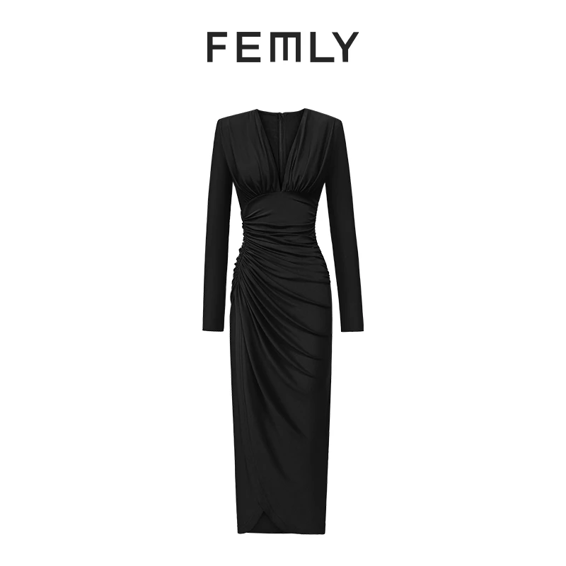 FEMLY/法曼丽 显瘦季时尚摩登气质设计师款褶皱长裙X3032