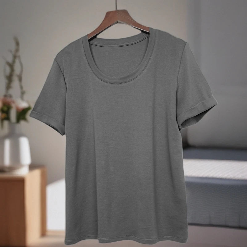 u领正肩T恤柔软舒适薄款夏季百搭半袖短T卷边既有设计感又简约