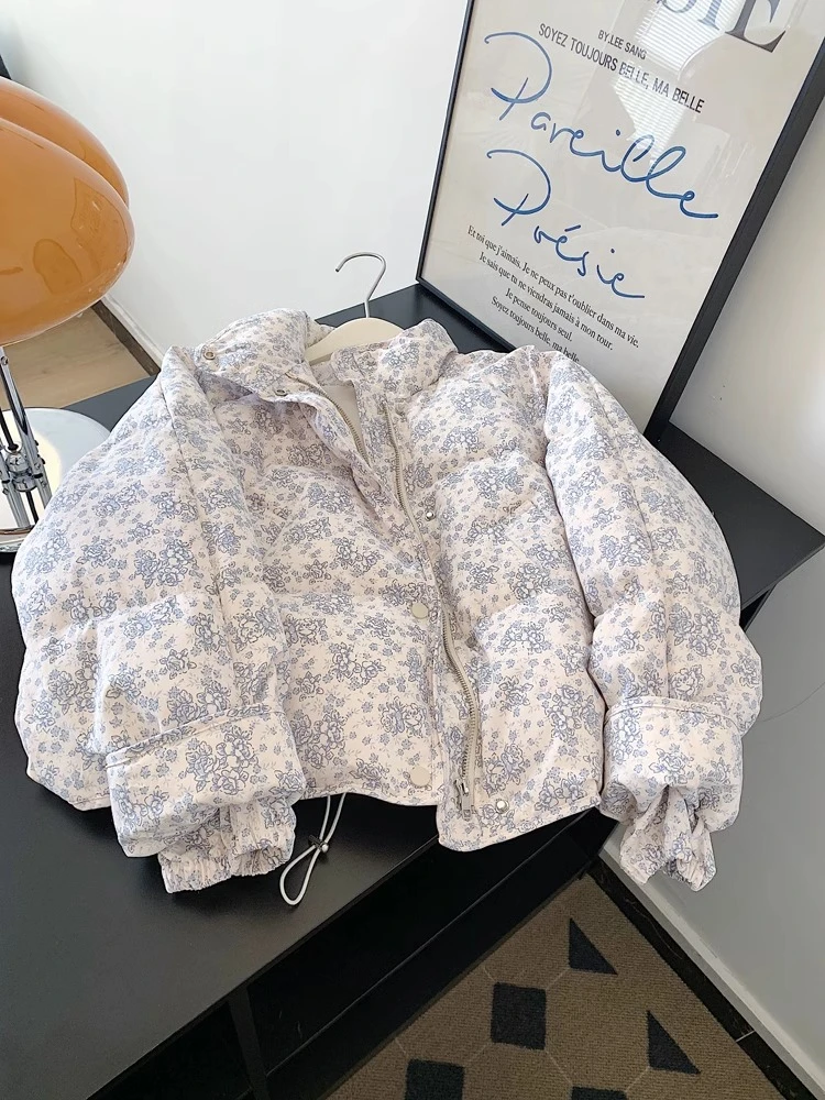 立领碎花洋气短款棉服女2024年小个子面包服外套超好看设计感小众